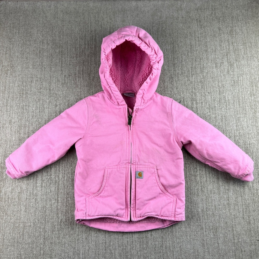Carhartt Hooded Jacket Kids 3T Pink Sherpa Lined Canvas Work Coat Heavyweight